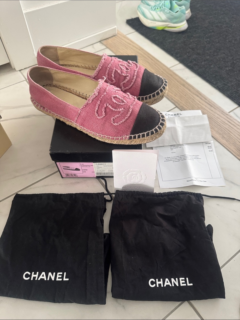 CHANEL Pink Espadrilles with Black Cap Toe and Embroidered CC